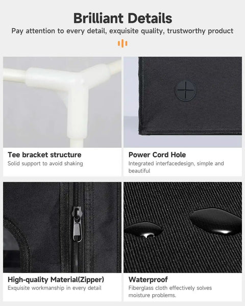 Close-up of Beefy 3D Printer Enclosure with tee bracket structure, power cord hole, high-quality zipper, and waterproof fabric.