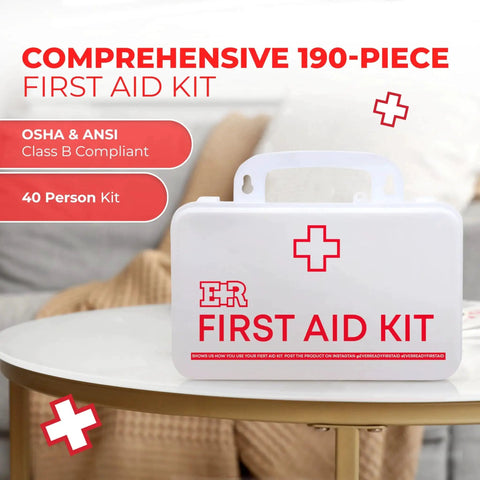 Class B OSHA ANSI Compliant First Aid Kit With 190 Pieces Emergency Medical Supplies in wall-mount plastic case on a table