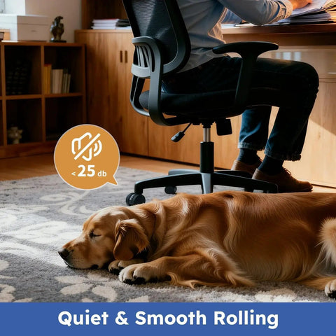 Heavy Duty 2 Inch Office Chair Wheels Set Of 5 For All Floors Smooth Safe Rolling Hardwood And Carpet Solid Plastic Casters Replacement 450 Lbs Capacity Double Layer Hub By GamPark under a chair in home office with dog resting on carpet