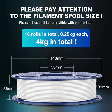 16 Color PLA Filament Bundle For 3D Printing, 1.75mm, showcasing dimensions of 0.25kg spool, 4kg total weight.