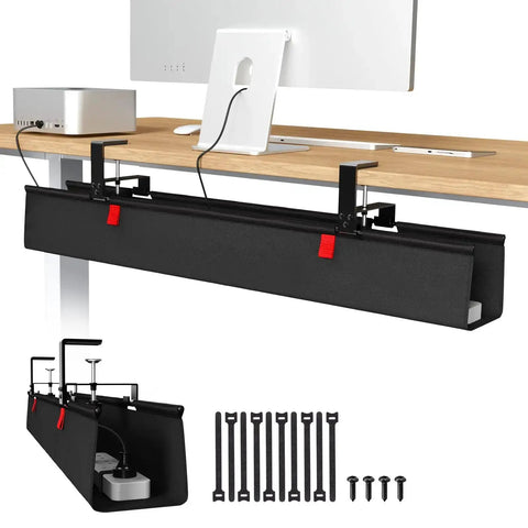 36 Inch Under Desk Cable Management Tray With Clamp And Screws, large fabric cord organizer installed under a desk, keeps cables hidden