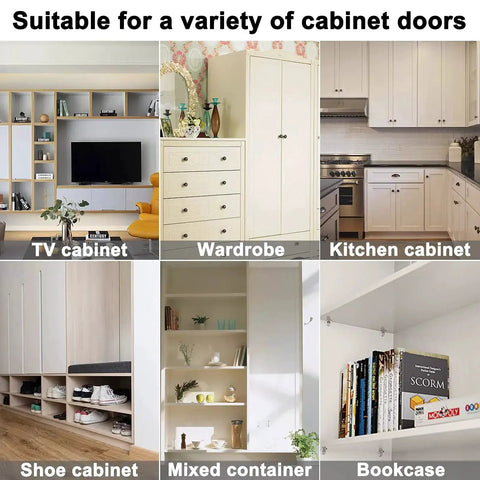 Various cabinets using 104 Pieces Shelf Pins Kit Four Styles Nickel Plated Shelf Support Pegs in TV, wardrobe, kitchen, shoe, and bookcase setups.