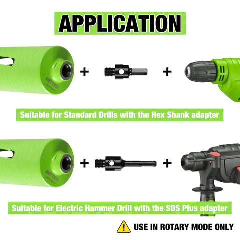 Two And A Half Inch Dry Core Drill Bit With Pilot Bit And Dual Adapters For SDS Plus And Hex Five Eighth Eleven Threaded Diamond Core Bit For Concrete Brick And Masonry Ten Inch Drilling Depth By Betteri application and compatibility illustration showing adapters with drills.