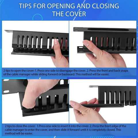 Demonstration of opening and closing 1U Rack Cable Manager Kit 24 Slot Metal Finger Duct With Cover For 19 Inch Server Racks