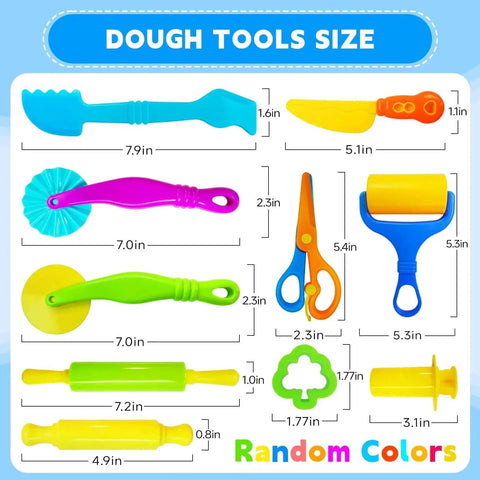 Creative 28 Piece Dough And Clay Tools Kit For Kids with various colorful tools and dimensions for crafting and modeling clay projects.