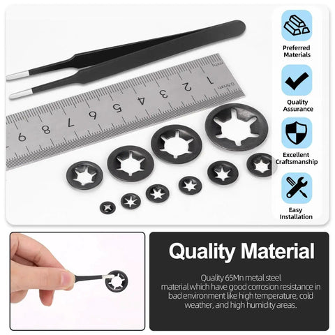 65Mn Steel Internal Tooth Star Lock Washers Set, 351 Piece Assortment For M2 To M12, showing washers, tweezers, and a ruler