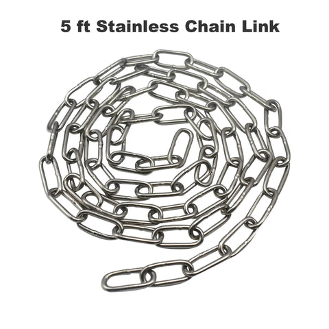 304 Stainless Steel Chain 1/8 Inch By 5 Feet With Welded Closed Links and Locking Carabiners shown coiled on a white background.