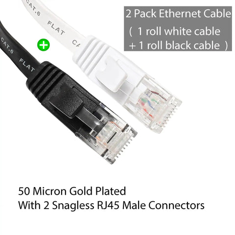 Black and white Flat Cat6 Ethernet Cable 3Ft 2 Pack Ultra Fast 10Gbps Ready Patch Cord With RJ45 connectors