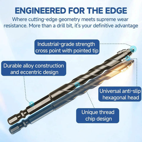 Close-up of Five Piece Pro Grade Four Flute Eccentric Drill Bit Set for Tile Glass Ceramic Brick Metal Plastic Wood and Concrete, showing hex shank and chip design.
