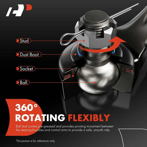 Close-up of ball joint from Two Pack Rear Forward Upper Control Arm With Ball Joint And Bushing Compatible With Hyundai Tucson 2010 To 2015 Kia Optima 2006 To 2010 Sportage 2011 To 2016 Rondo 2007 To 2012 Magentis 2006 To 2010. View shows stud, dust boot, socket, and ball.