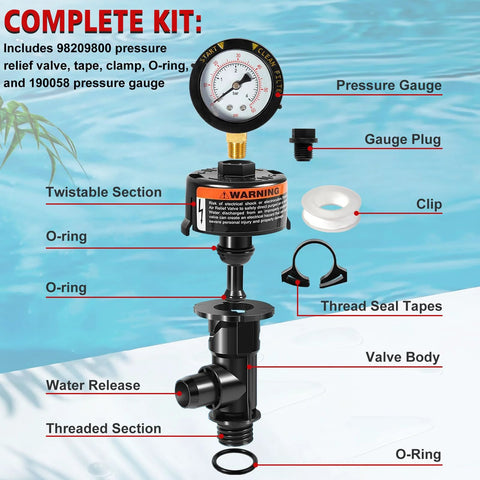 Manual pool filter air relief valve with pressure gauge; complete kit with O-rings, tape, clamp, gauge plug