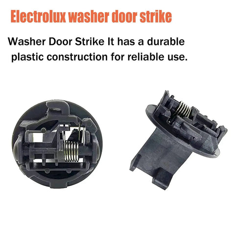 Washer lid lock latch components, black plastic with metal springs, 2-pack, front and side views
