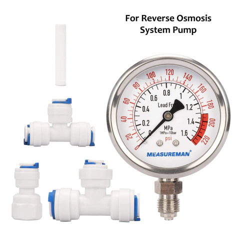 MEASUREMAN lead-free glycerin-filled RO pressure gauge, 2-1/2" dial, 1/4" lower mount, 0-220 psi, PU tube connection
