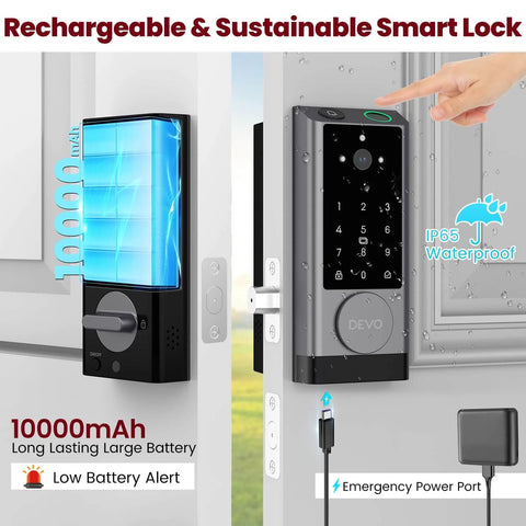 Front view of 6-In-1 Video Smart Lock With Camera And Doorbell, Fingerprint Unlock, App Remote, IC Card, Passcode, And Voice Assistant Alexa And Google, Auto Lock, Built-In WiFi Deadbolt For Front Door, IP65 Waterproof, Easy Install, showing battery and emergency power port.