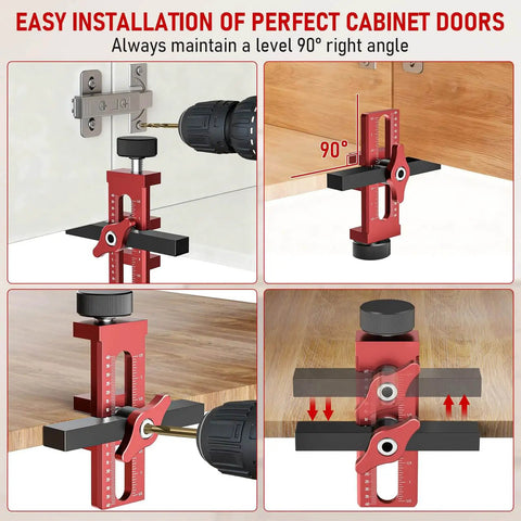 Using 2-In-1 Cabinet Door Mounting Jig with Quick Edge Positioner for precise 90-degree cabinet door installation.