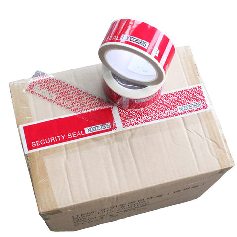 Front view of tamper-evident red security tape roll on a cardboard box with security seal label.