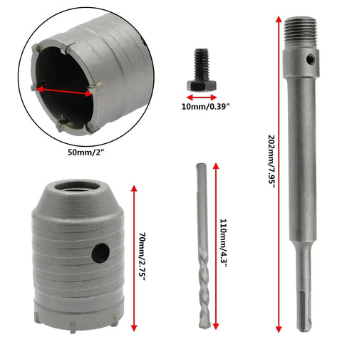 Durable 2 Inch Concrete Hole Saw Cutter With SDS Plus Shank And 202mm Connecting Rod For Fast Clean Drilling Through Concrete Brick And Block Walls In Masonry Projects By Hordon, showing components and measurements.
