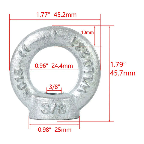Heavy Duty Lifting Eye Nuts 3/8-16 UNC Thread, Drop Forged Galvanized C15 Steel, Ring Shape Lifting Eye Nut with dimensions