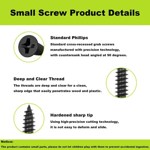 Illustration highlighting features of Six Hundred Pieces M3 Black Wood Screws Set Handy Short Lengths 6mm 8mm 10mm 12mm for DIY projects