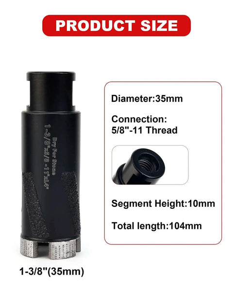 Diamond Core Drill Bit For Dry Drilling 1-3/8 Inch Granite Concrete Marble Stone With 5/8-11 Thread, front view.
