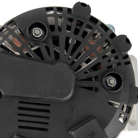 Rear view of Alternator Replacement That Delivers Solid Charging Power For 2003 To 2007 Saturn Ion Vue 2.2L L4 And 2002 To 2005 Chevy Cavalier Malibu Classic Alero 13944N 12V 105Amp CW 5 Groove Pulley showing vents and connectors