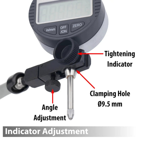 Pro Grade Digital Indicator With Magnetic Base Stand for Precision Measurements, focus on adjustment details and parts.