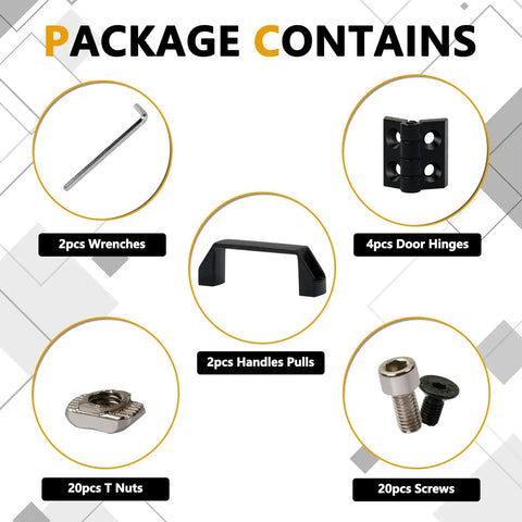 Package contents for Two Sets Door Handle And Frame Hinges Install Kit For 20x20 Aluminum Extrusion Profile Slot 6mm with handles, hinges, wrenches, screws.