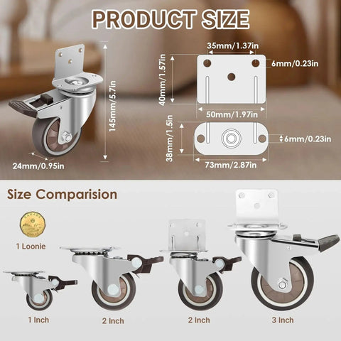 Diagram showing dimensions of Three Inch Side Mount Casters Set Of Four L Shaped 360 Degree Swivel Quiet Heavy Duty Locking Furniture Casters