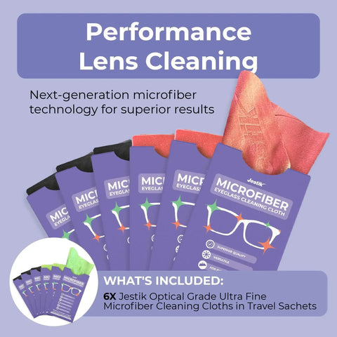 Image of Six Pack Microfiber Cloths For Glasses Lenses And Screens Lint Free Washable in purple packaging with lens graphic.