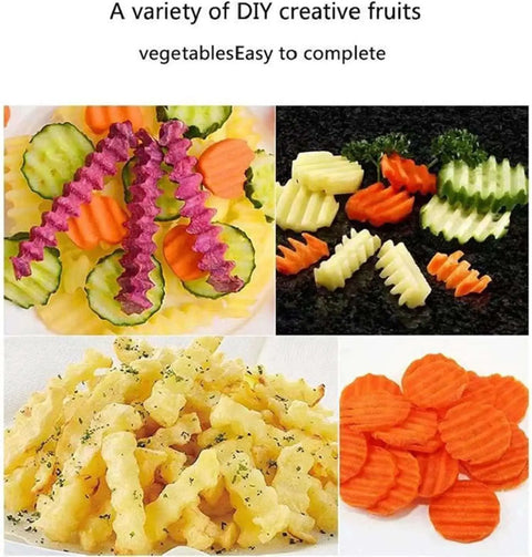 Wavy slice of fruits and vegetables showcasing the use of Crinkle Potato Cutter Must Have 11.8 Inch Long By 2.9 Inch Wide Stainless Steel Wave Slicer.