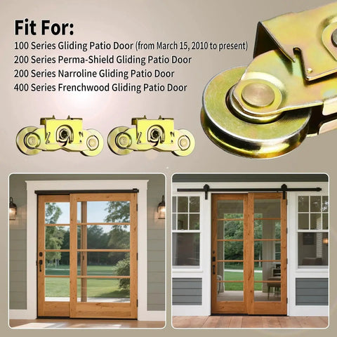 Two Set Gliding Patio Door Tandem Roller Assembly Replaces 1997061 And Is Compatible With 200 Series Perma Shield Narroline And 400 Series Frenchwood Gliding Doors Since 1982 Featuring One And A Quarter Inch Steel Ball Bearing And Side Adjustable shown with patio doors and compatibility list.