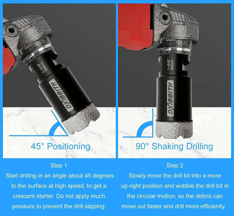 Close-up of Dry Diamond Core Drill Bits One And Three Eighths Inch Tile Hole Saw for Porcelain Ceramic Tile with angle drilling instructions