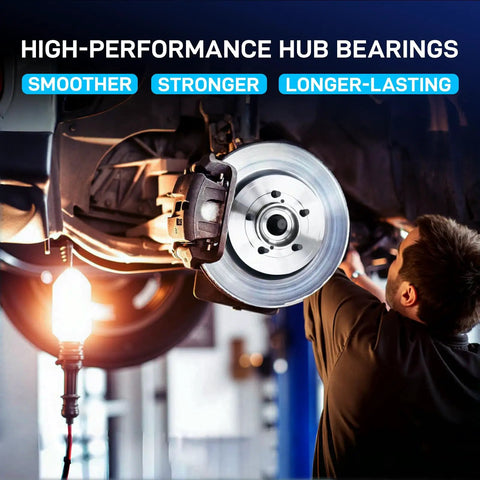 Mechanic installing Front Wheel Hub and Bearing Assembly Replacement for Front Left Or Right 5 Lug ABS with 4 Hole Flange Fits 2008 2013 Rogue 2014 2015 Rogue Select And 2007 2012 Sentra 2.5L, view from the side