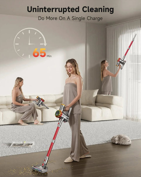 AIPOWAY cordless vacuum cleaner with red wand cleaning hardwood floor in living room