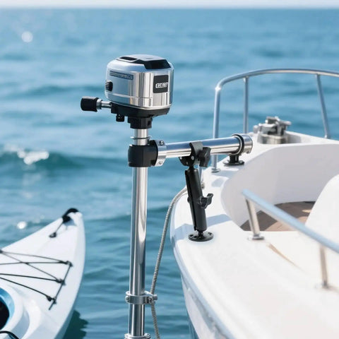 Heavy Duty Trolling Motor Stabilizer Mount For Terrova Riptide Terrova Ulterra PowerDrive on a boat, reducing vibration while on water.