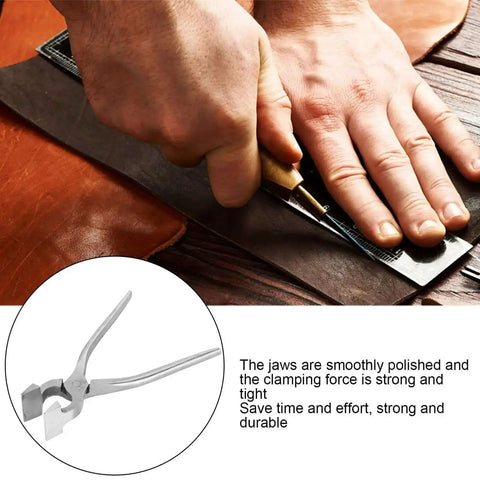 Close-up of Flat Pliers Hand Seamer for Sheet Metal in use on leather, with inset of pliers showing straight jaw design.