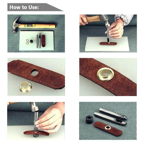 Instructions for using 300 Set 6mm Colorful Grommets Eyelets Kit with metal eyelets, install tool, and punch base shown in use.