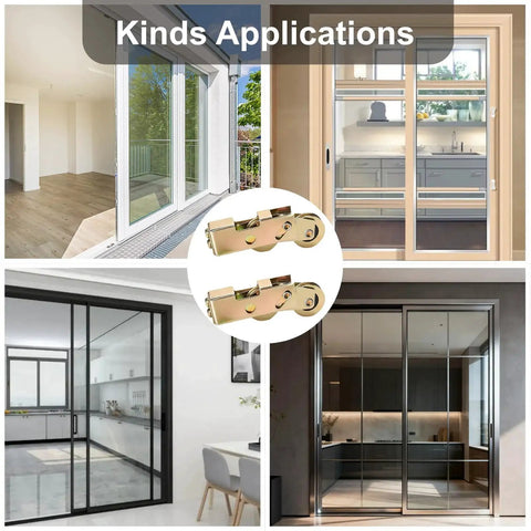 Collage of 2 Pcs Sliding Door Rollers Replacement Set With Steel Ball Bearing Wheels Heavy Duty Tandem Roller installed in glass doors