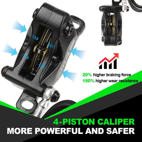 Front view of black 4-piston e-bike hydraulic brake caliper with mounting tab and hose
