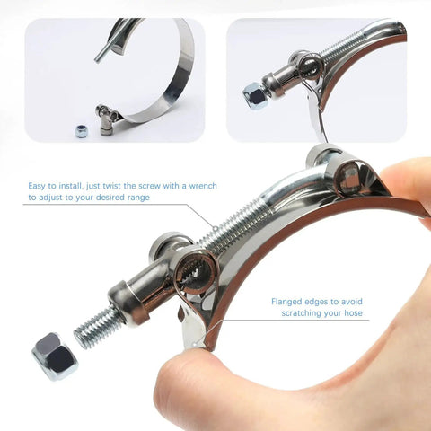 Two Pack 4 Inch T Bolt Stainless Steel Hose Clamps For 4 Inch ID Hoses, showing close-up of clamp design with bolt and nut