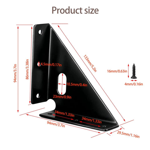Product size diagram of Set Of 4 Beefy Heavy Duty Gusset Joints For Furniture And Shelves With Trapezoid Corner Braces, black finish