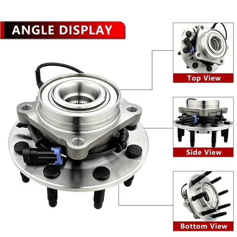Two Pack Front Wheel Bearing And Hub Assembly For Chevy Silverado 2500 3500 HD Suburban 2500 GMC Sierra 2500 3500 HD Yukon XL 2500 Hummer H2 8 Lug With ABS Beefed Up Heavy Duty Truck Parts, displaying top, side, and bottom views