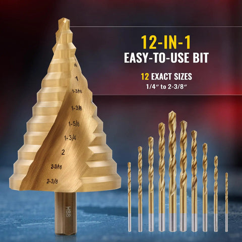 Titanium-Coated HSS Step Drill Bit Set For DIYers, Spiral Groove Design, Twelve Sizes From One Quarter Inch To Two And Three Eighths Inch