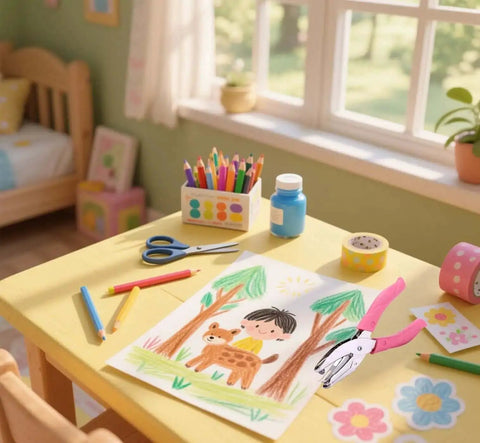Handy Metal Handled Paper Punch With 6mm Circle Hole on desk with drawing, pencils, and art supplies in a bright room.