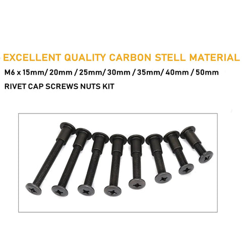 M6 Furniture Connector Bolts And Barrel Nuts Set Black Zinc Plated Phillips Drive showing bolt sizes with rivet caps
