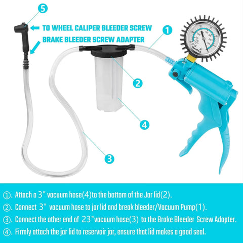 DURATECH 2-in-1 brake bleeder kit with handheld vacuum pump, blue handle, gauge, and clear reservoir jar