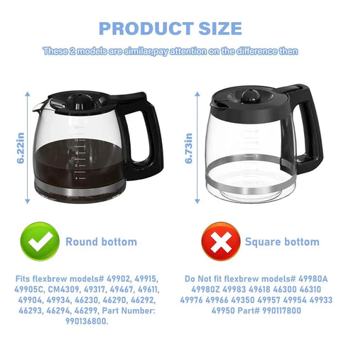 12-cup coffee carafe replacement pot; round-bottom left, square-bottom right for Hamilton Beach FlexBrew.
