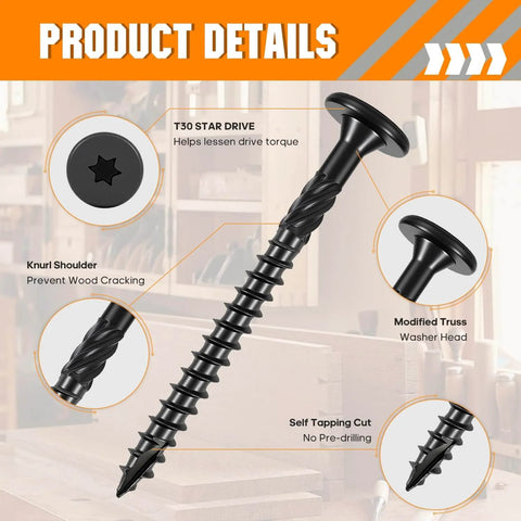 Size 14 Lag Screws 100 Pack For Outdoor Wood, Structural Deck And Framing Screws, Rust Resistant Black Finish, 2-7/8 Inch, Thick Shank With Aggressive Threads, Includes T30 Star Bit, Built For Strong Joints And Long-Lasting Hold.