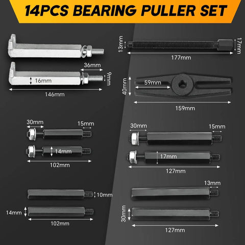 Detailed layout of Heavy Duty 5 Ton Bearing Puller Set with 14 Piece Wheel Hub Axle Puller Kit, showing dimensions and components.