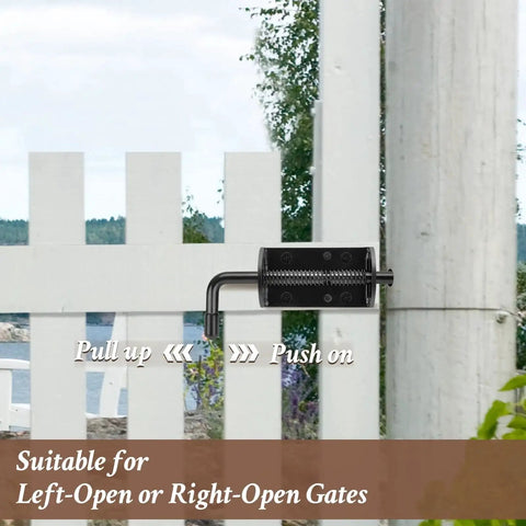 Side view of installed black spring loaded gate latch pin barrel bolt on a wooden gate, suitable for left or right-opening gates.